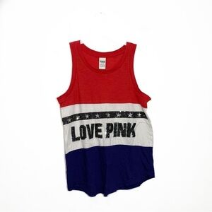 VS PINK Fourth of July Love Pink Red White and Blue Sparkly Racerback Tank sz M